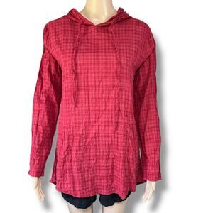 Boutique Womens Hooded Tunic Top Long Sleeve Plaid Lightweight Red Medium